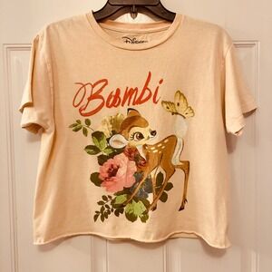 Disney Bambi Floral Graphic T-Shirt Womens XS Peach Fawn Butterfly Short Crop